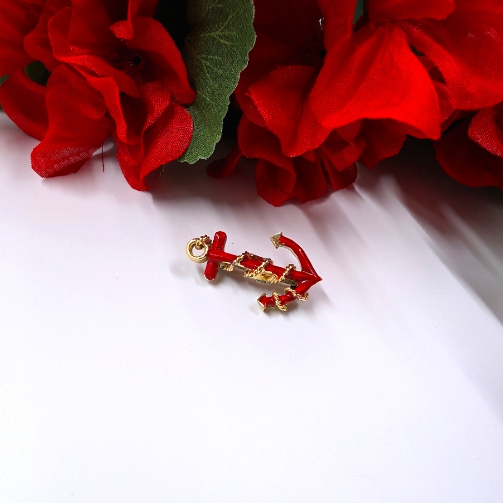 Cute Red Enamel Anchor Vintage Micro Brooch